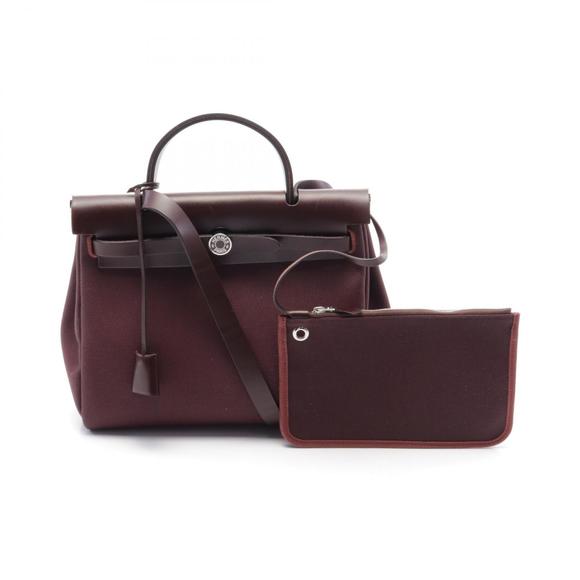HERMES Ale Bag Zip PM Handbag Leather Toile Officier Bordeaux - Picture 1 of 7